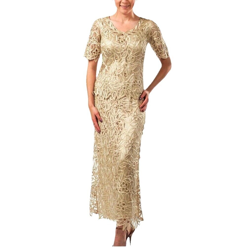 Soulmates C8080 Hand Lace Beaded Top Skirt 2pc Set Champagne Silk Medium M